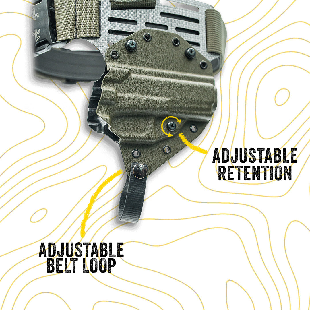 OD green guide torso holster with adjustable harness and retention system on a white background with yellow line patterns.