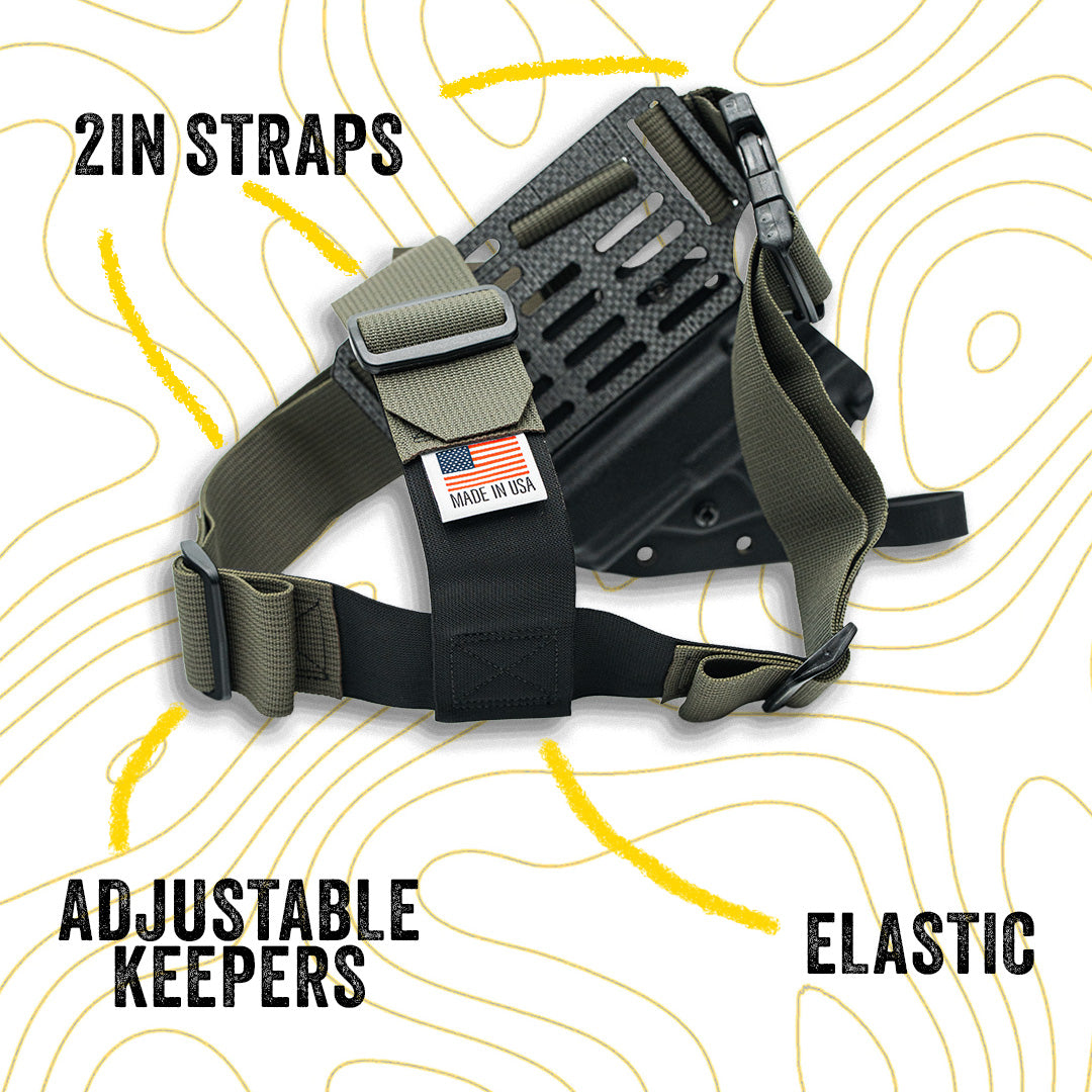 Guide torso holster with adjustable straps, adjustable keepers and elastic bands on a white background and made in the usa