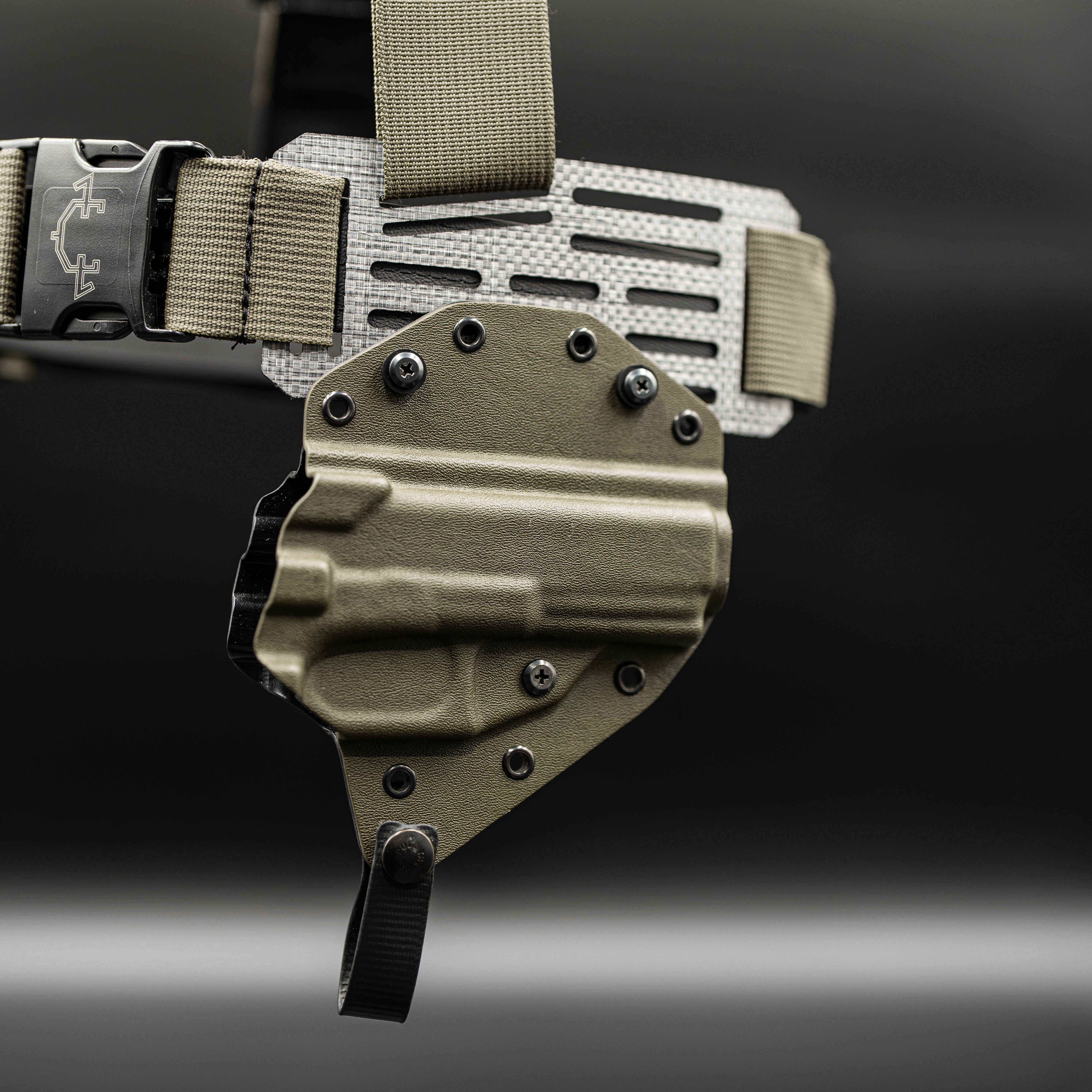 Guide torso holster with harness and tegris panel on a dark background