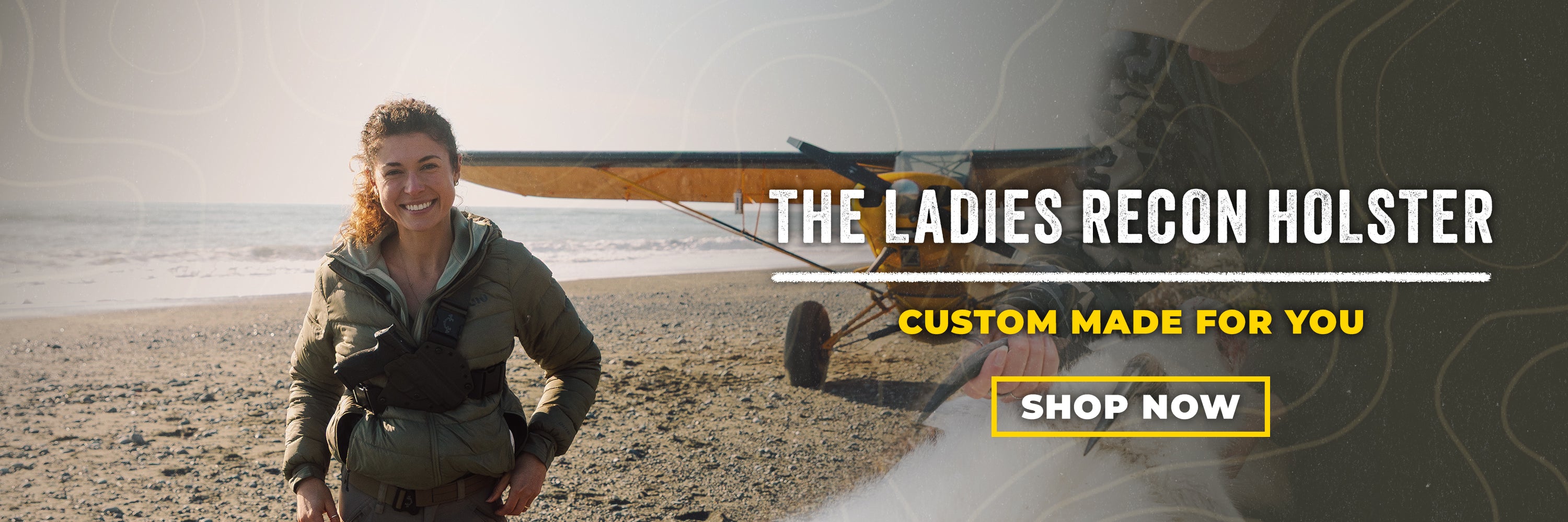 Woman on beach wearing a Ladies Recon Chest Holster for backcountry hunting