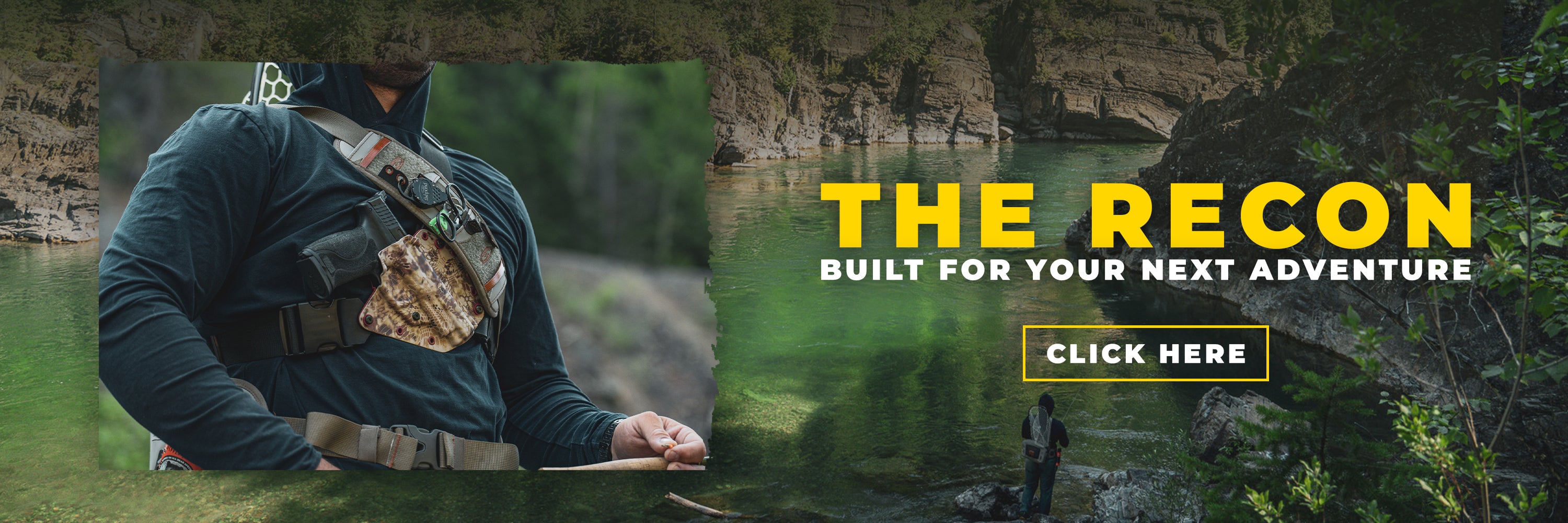 Fly fisherman wearing a Recon chest holster from Invader Concepts while fishing