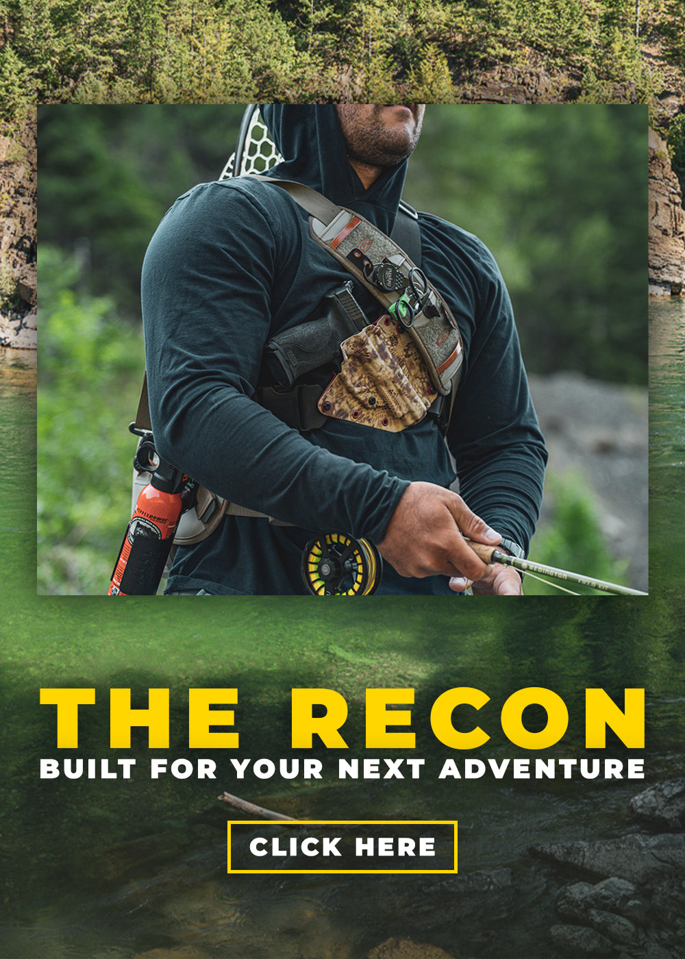 Fly fisherman wearing a Recon chest holster from Invader Concepts while fishing