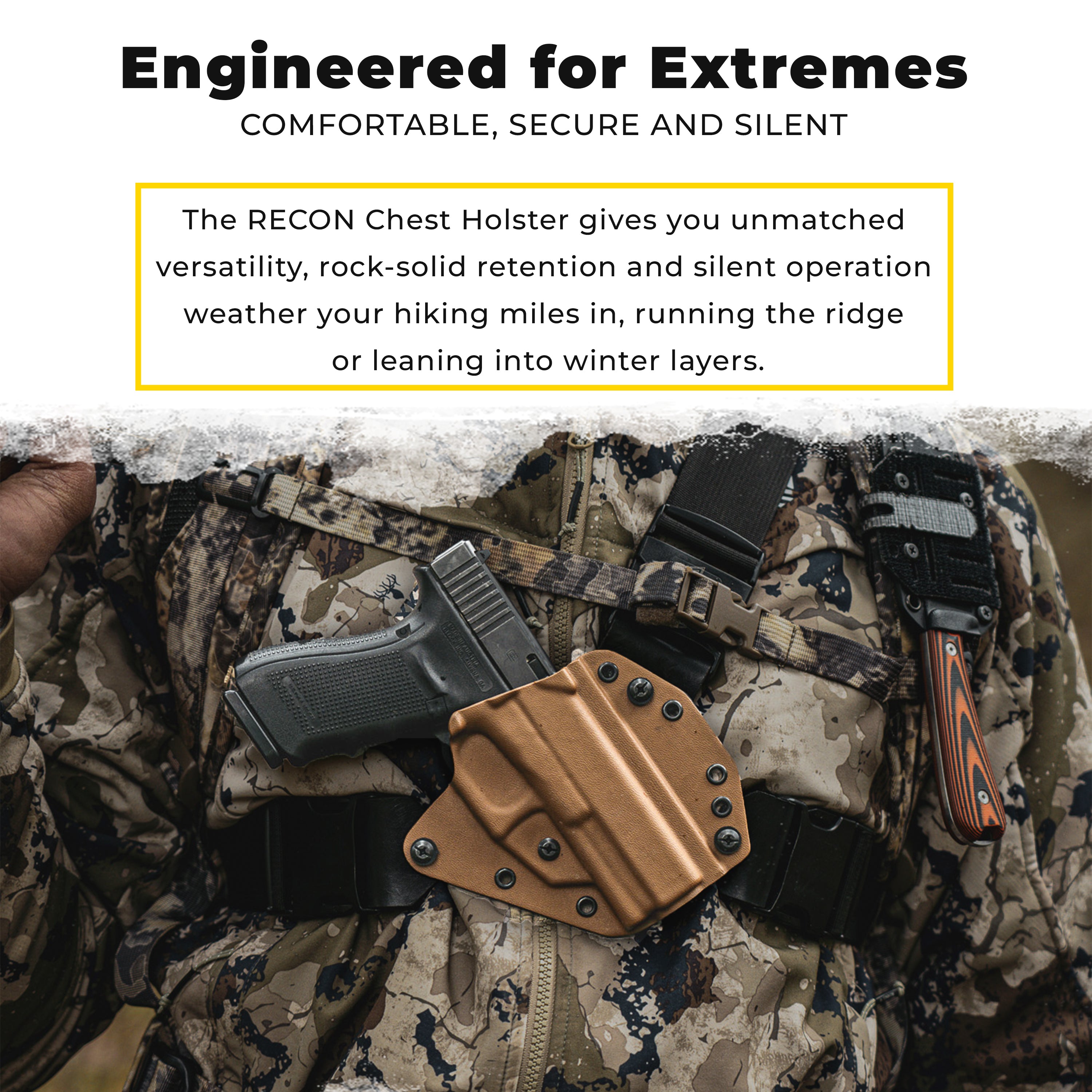 RECON chest holster from Invader Concepts on camouflage clothing with text highlighting features