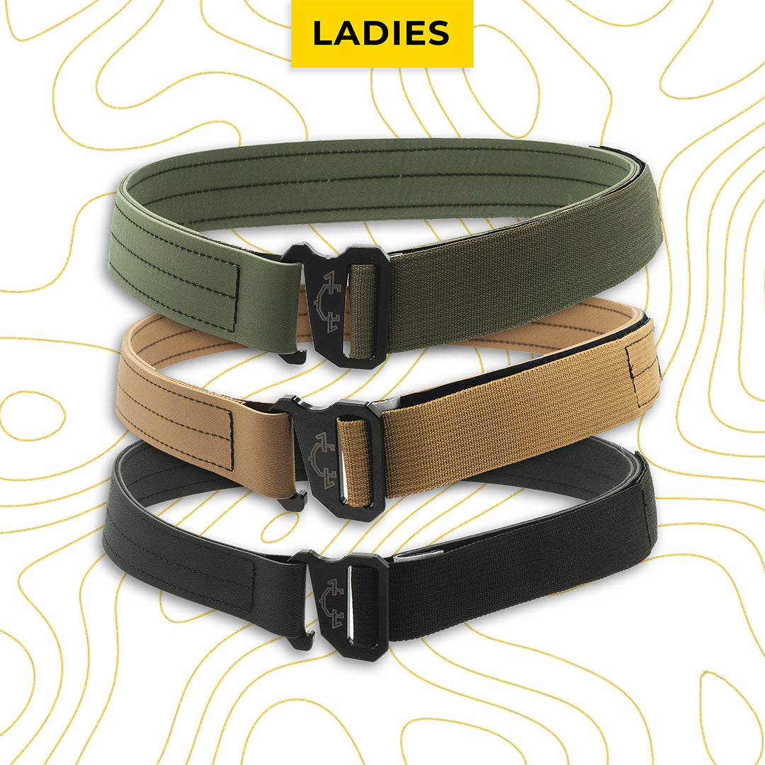 Three ladies belts in od green, coyote, and black on a white background with 'LADIES' text.