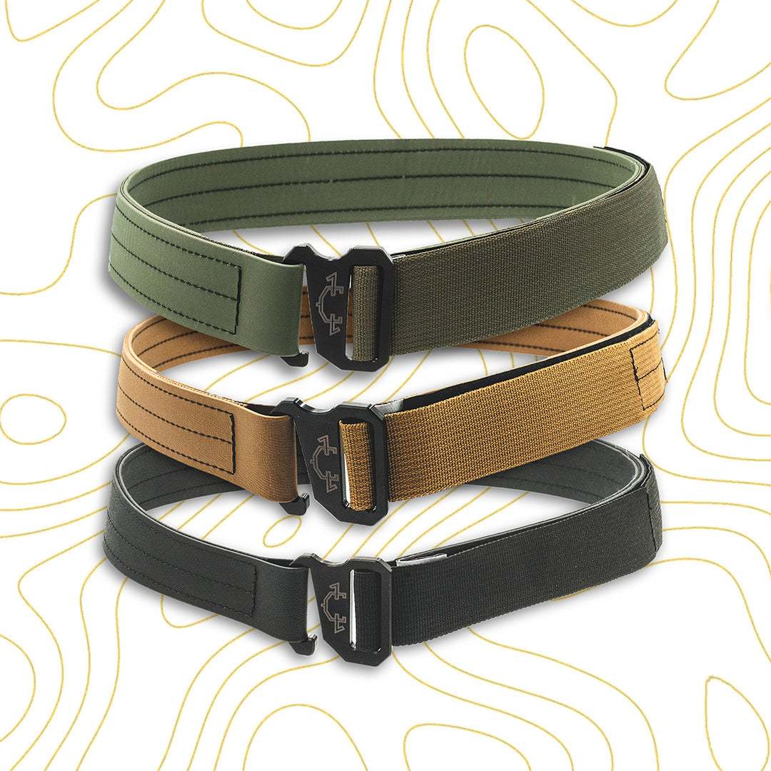 Three edc(everyday carry) belts in od green, coyote, and black on a white background with subtle patterns.