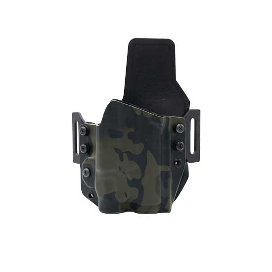 Image of an outlaw owb(outside the waistband) with weapon light option and leather back