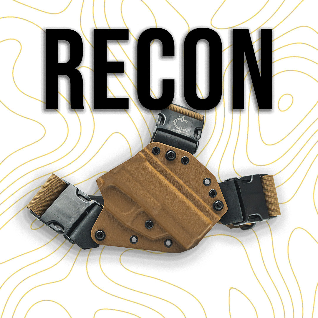 Recon chest holster on white background and topo lines