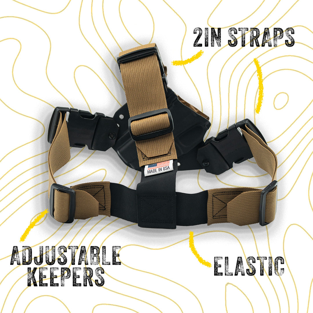 Pair of brown and black straps with adjustable keepers on a white background with yellow lines.