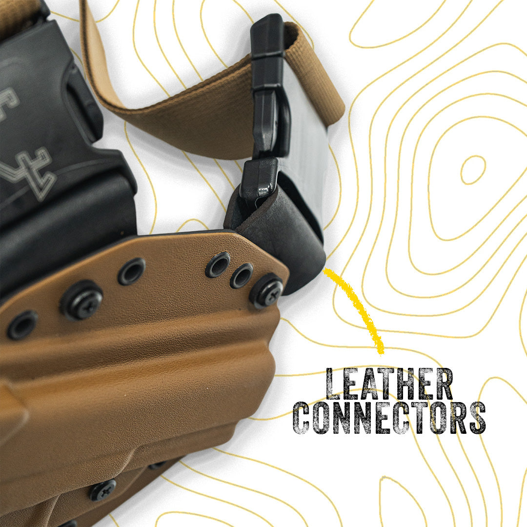 Brown leather connectors with black hardware on a white background with yellow line art