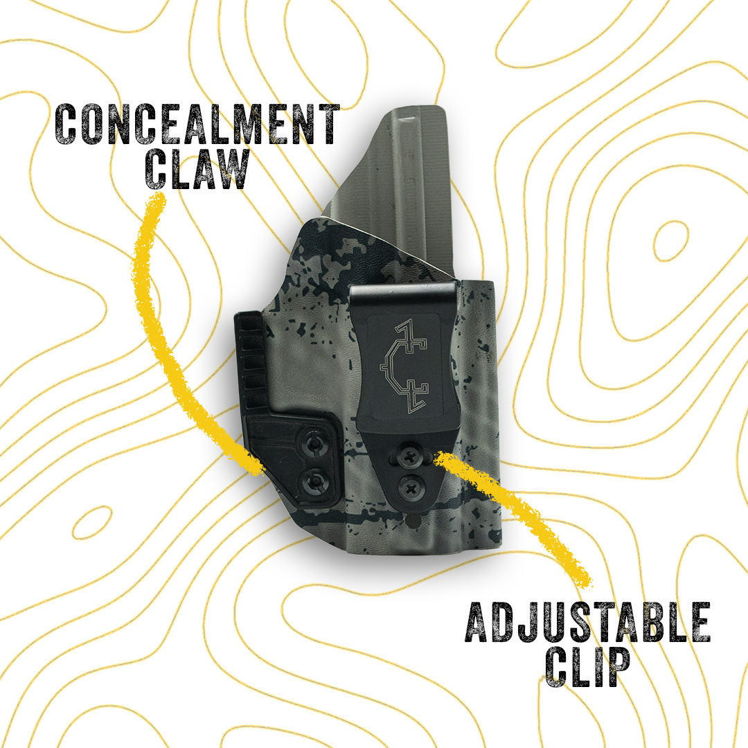Concealment holster with adjustable clip on a white background with yellow lines, it has a concealment claw, and adjustability.