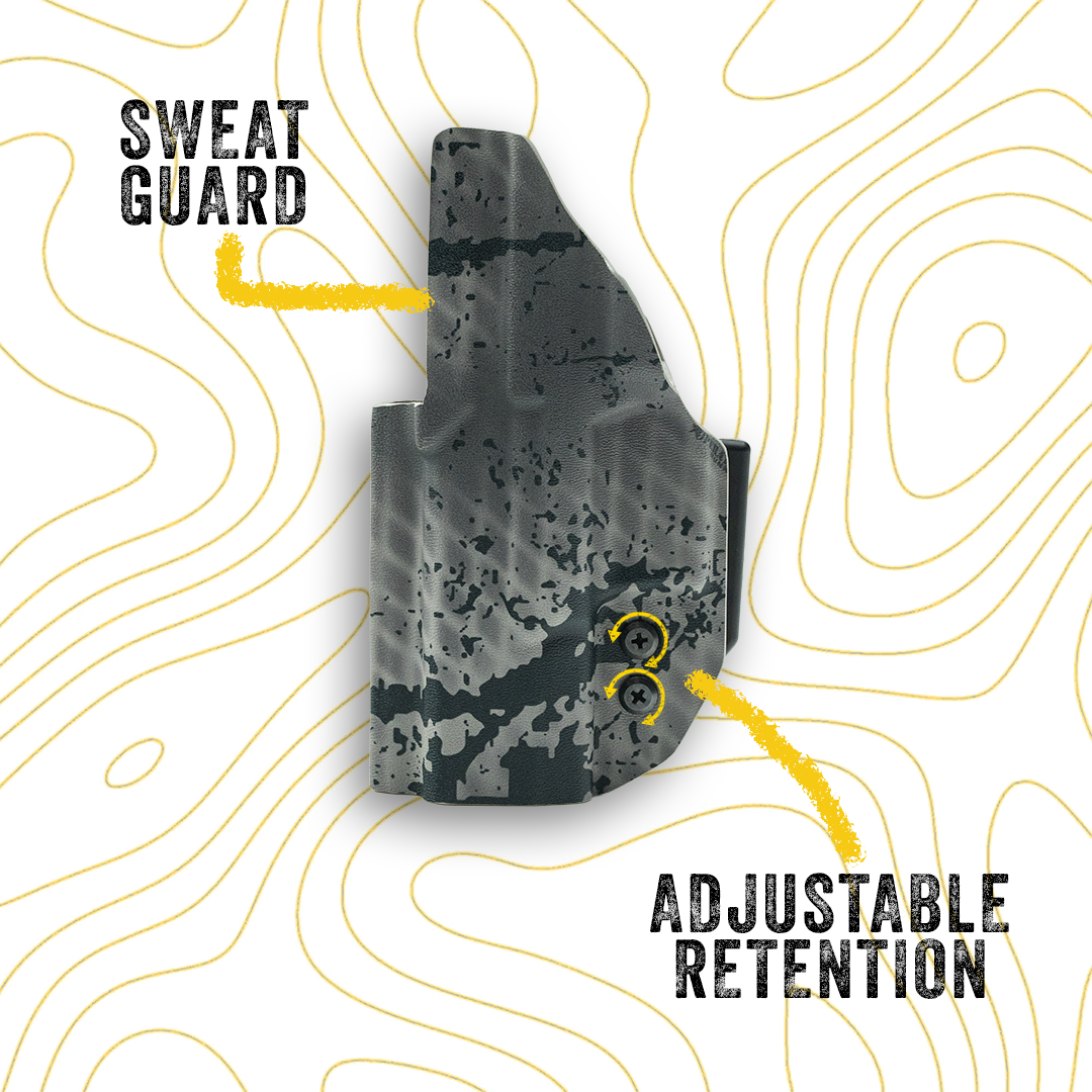 Gray holster with camouflage pattern on a white background with yellow line art, it has adjustable retention, and a sweat guard, good for a everyday carry situation.