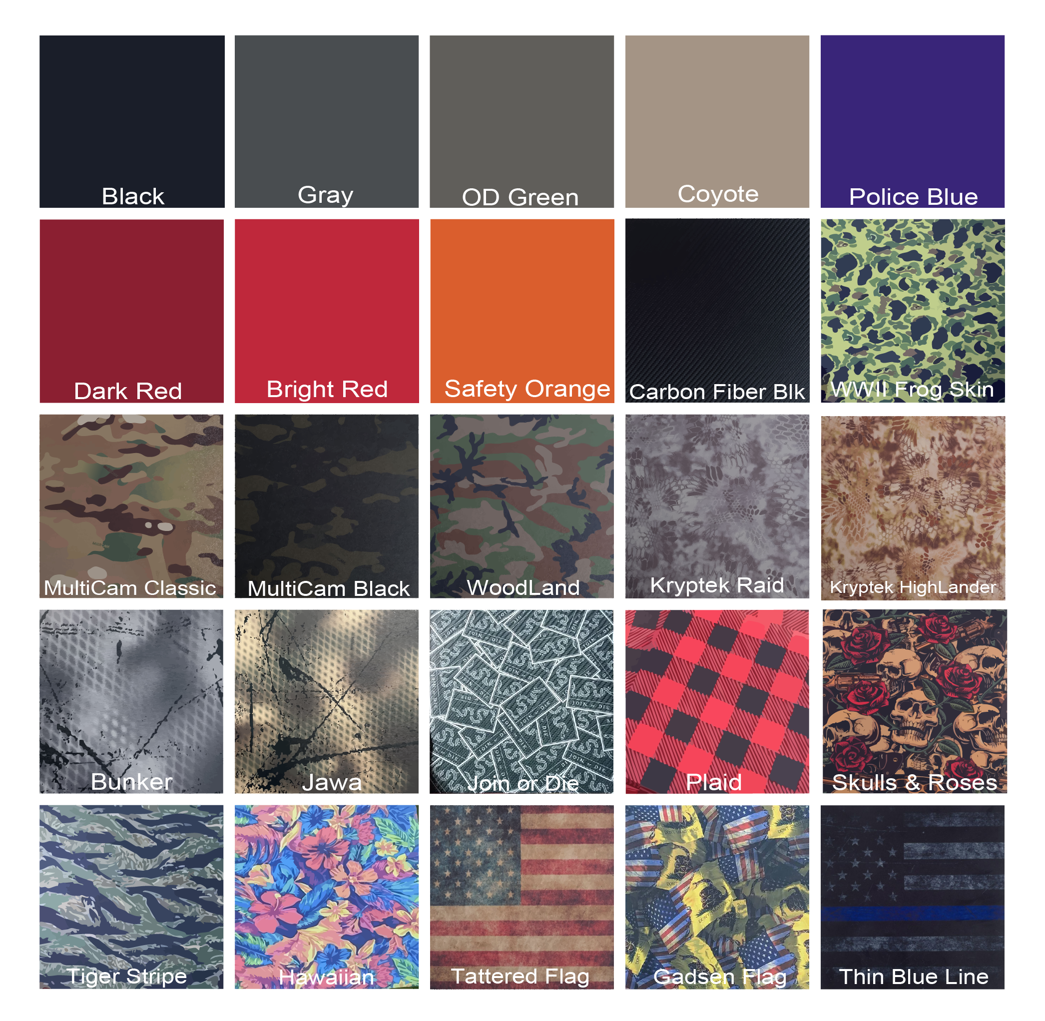 Collection of fabric color swatches and patterns.