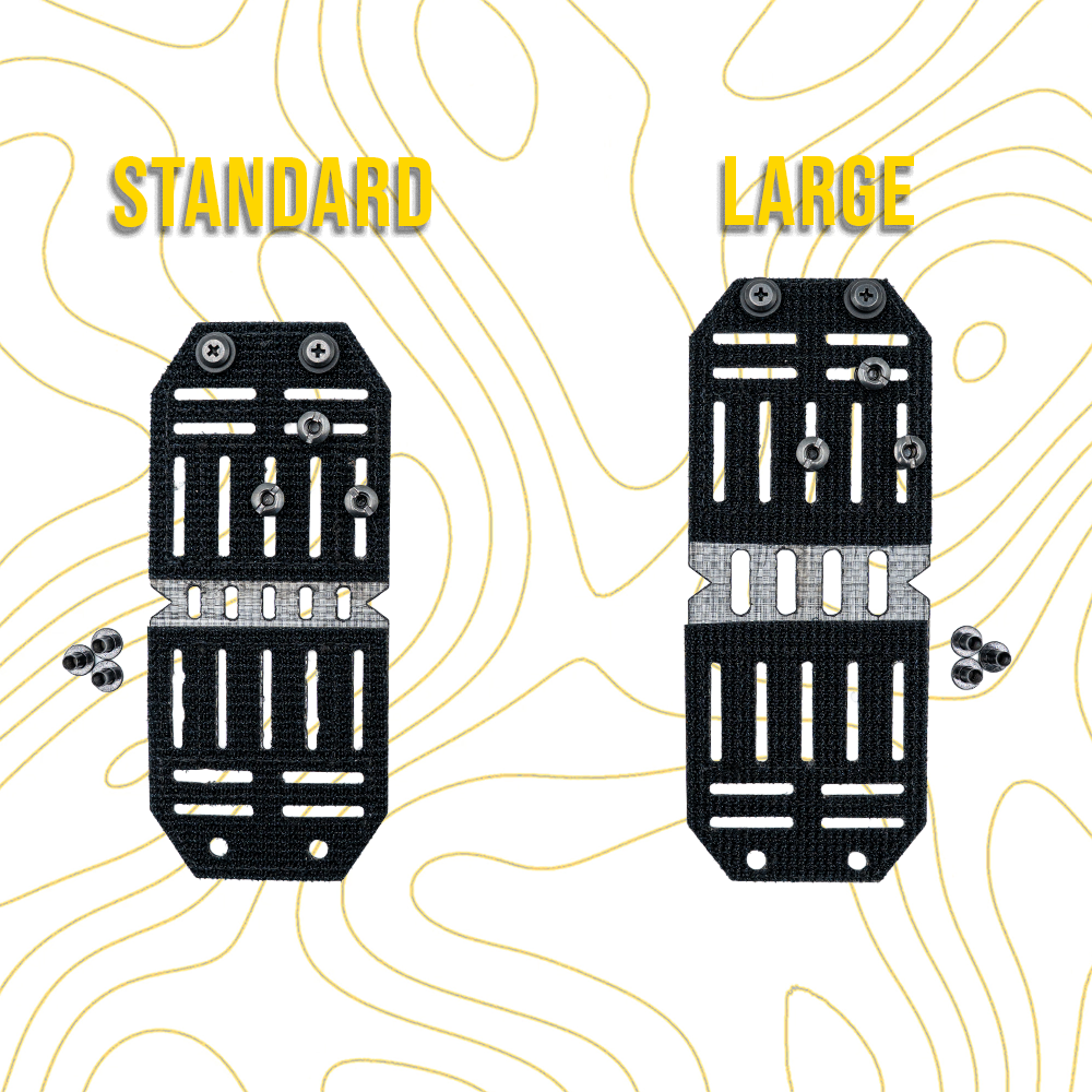 Two sizes of blade loks labeled 'Standard' and 'Large' on a white background with yellow line patterns.