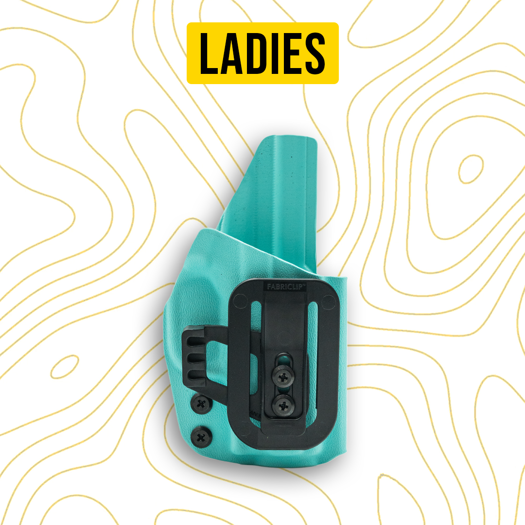 Turquoise holster with black clip on a white background with yellow line patterns and 'LADIES' text.