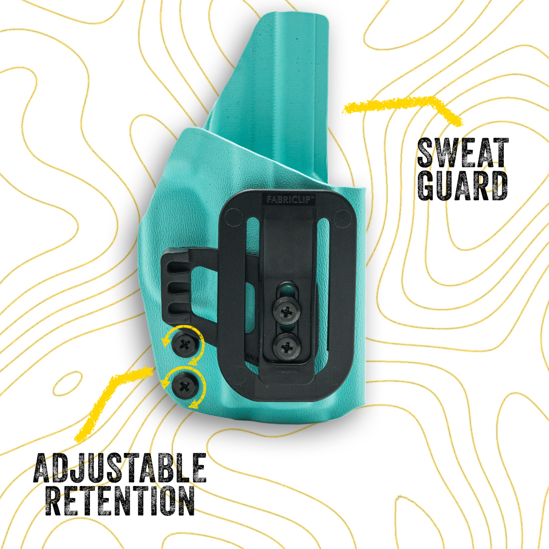 Turquoise holster with black sweat guard and adjustable retention system on a white background with yellow line art.
