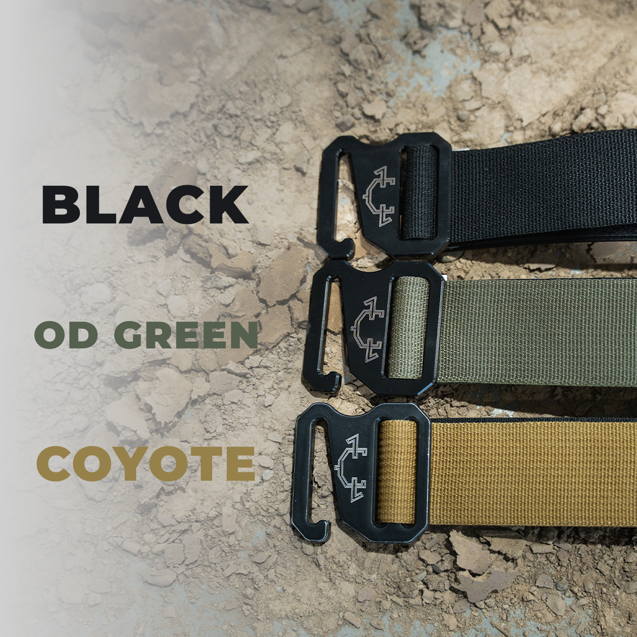 Black, OD Green, and Coyote colored edc(everyday carry) belts with buckles on a textured surface.