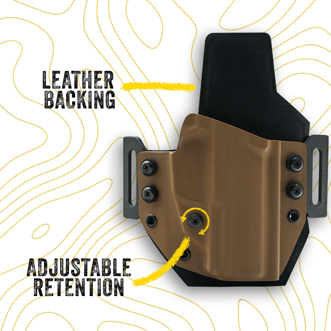 Brown concealed carry holster with leather backing and adjustable retention system on a white background with yellow lines.
