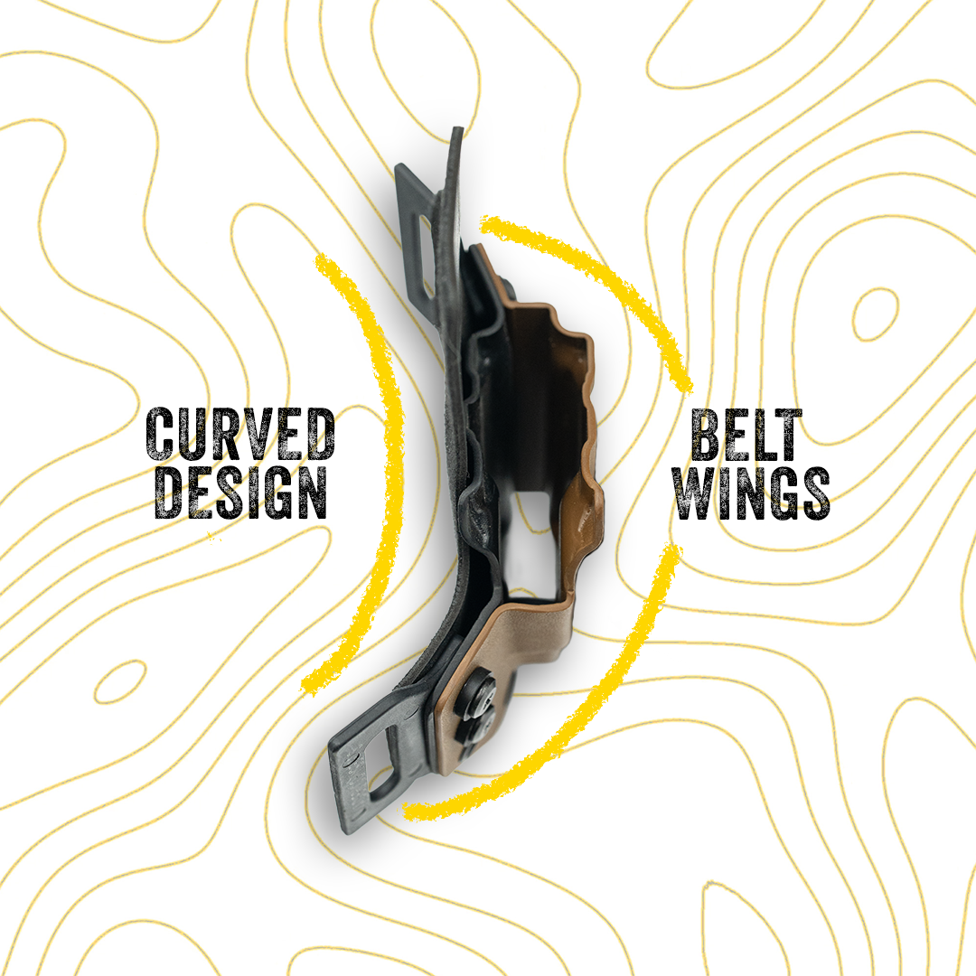 Belt buckle with 'Curved Design' and 'Belt Wings' that attach to a belt. this is a concealed carry holster.