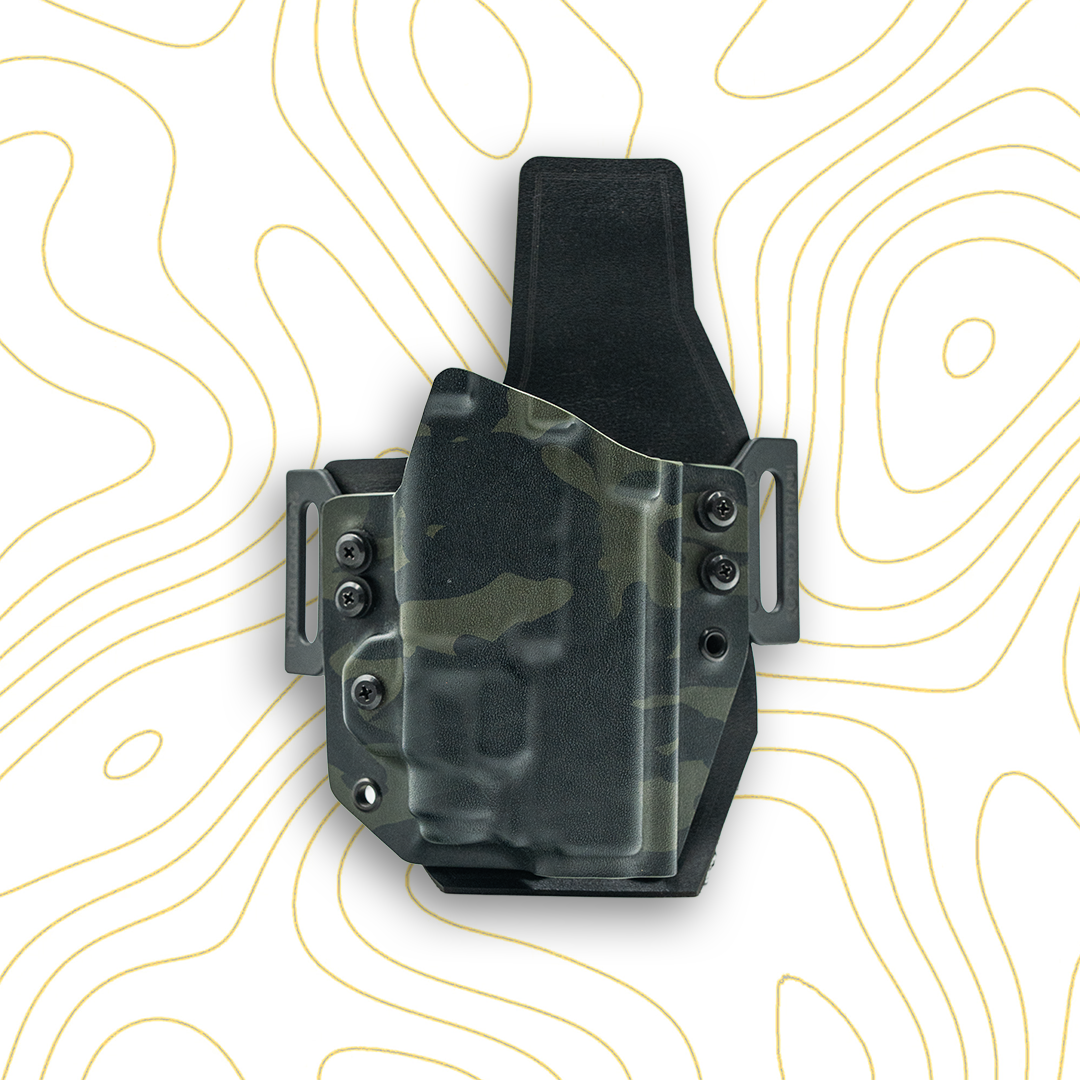 Camouflage holster on a white background with yellow line patterns
