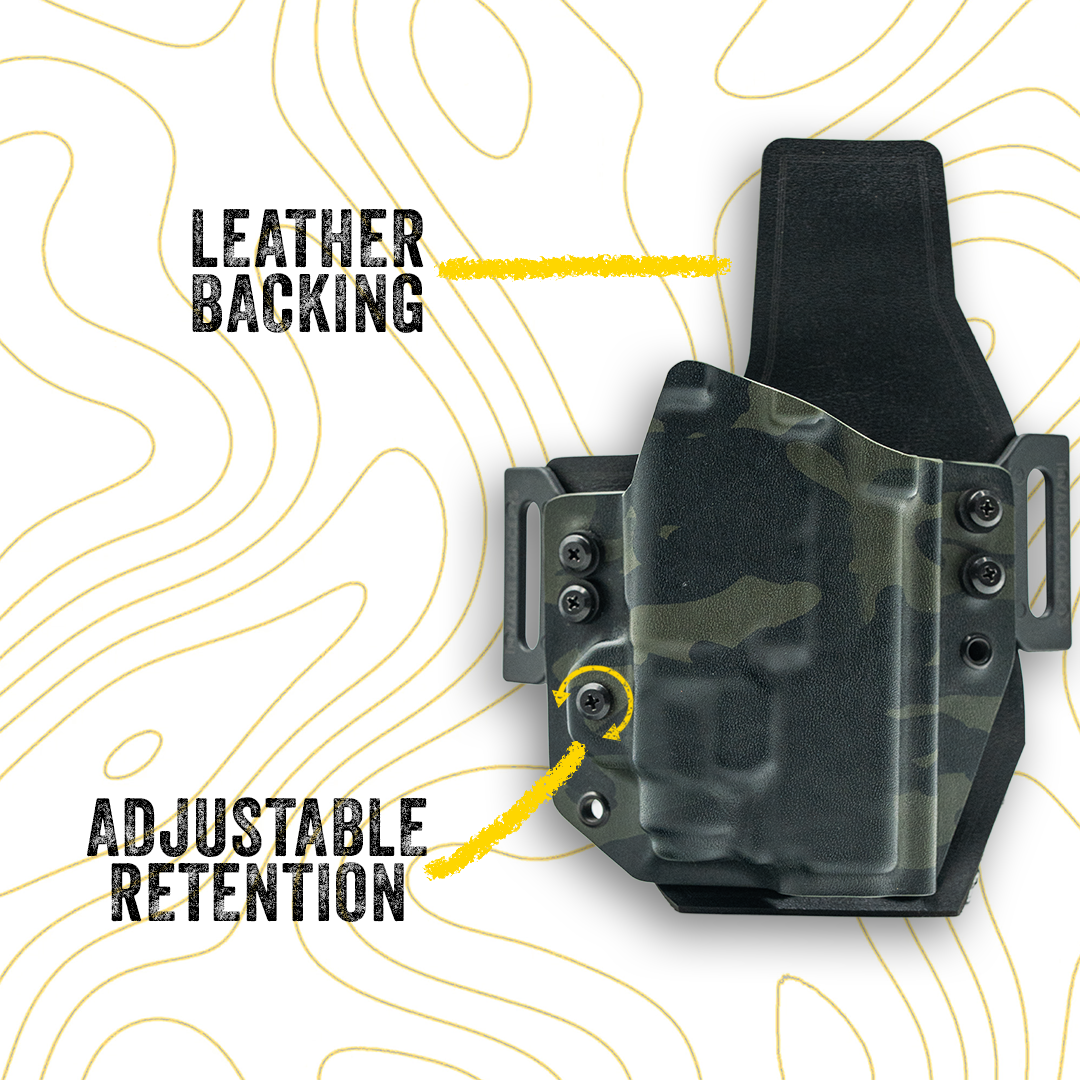 Camouflage holster with leather backing and adjustable retention on a white background with yellow lines.