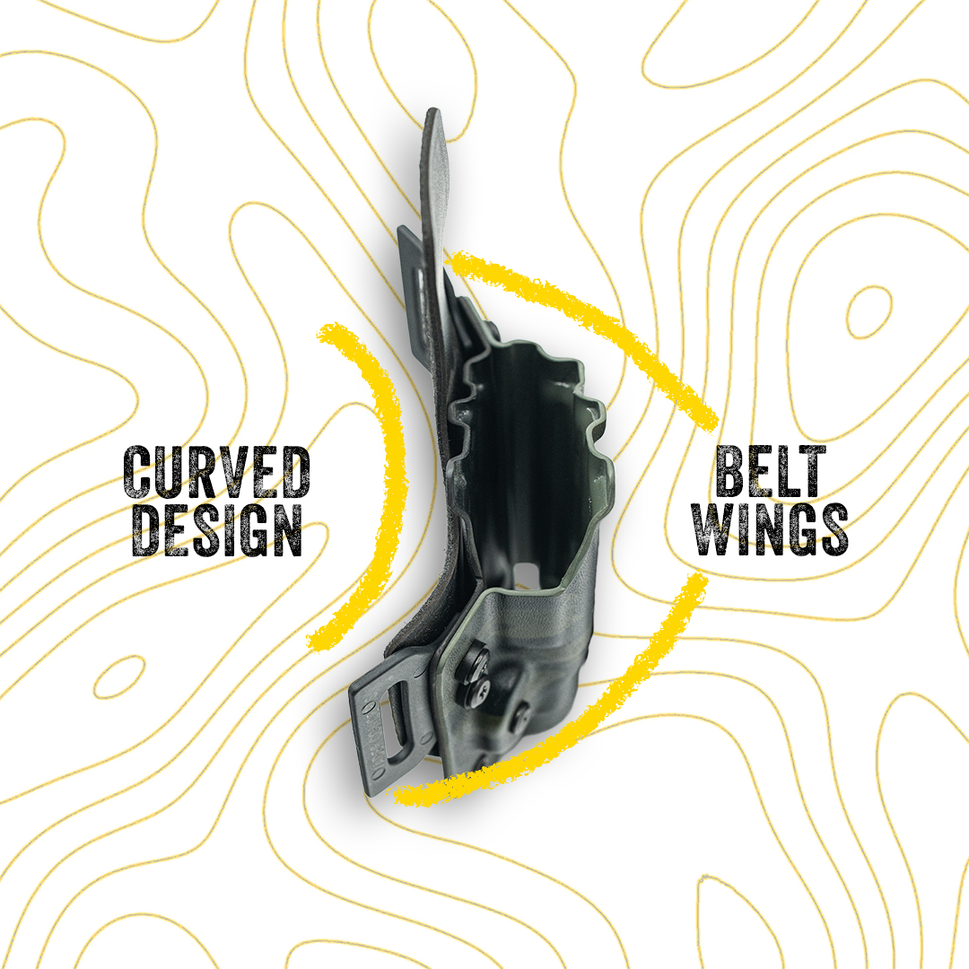 Black belt buckle with curved design and belt wings on a white background with yellow lines.