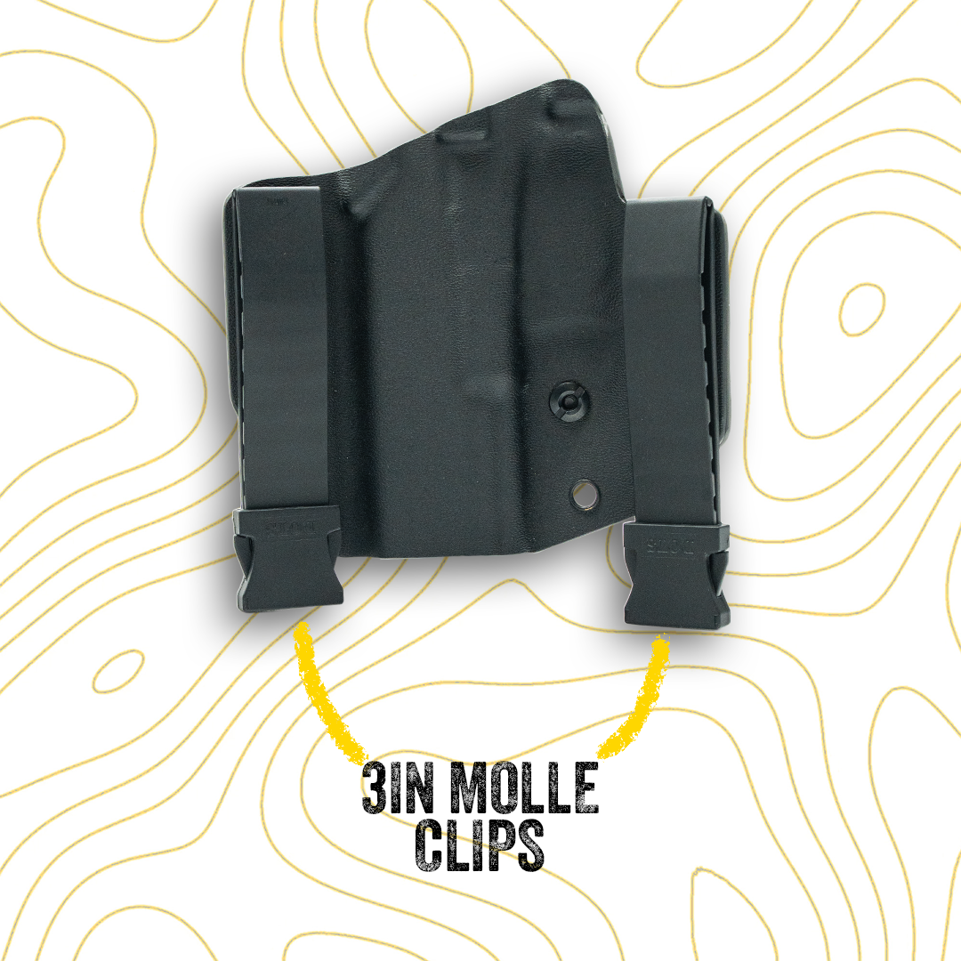 Black 3IN MOLLE clips on a white background with yellow line patterns