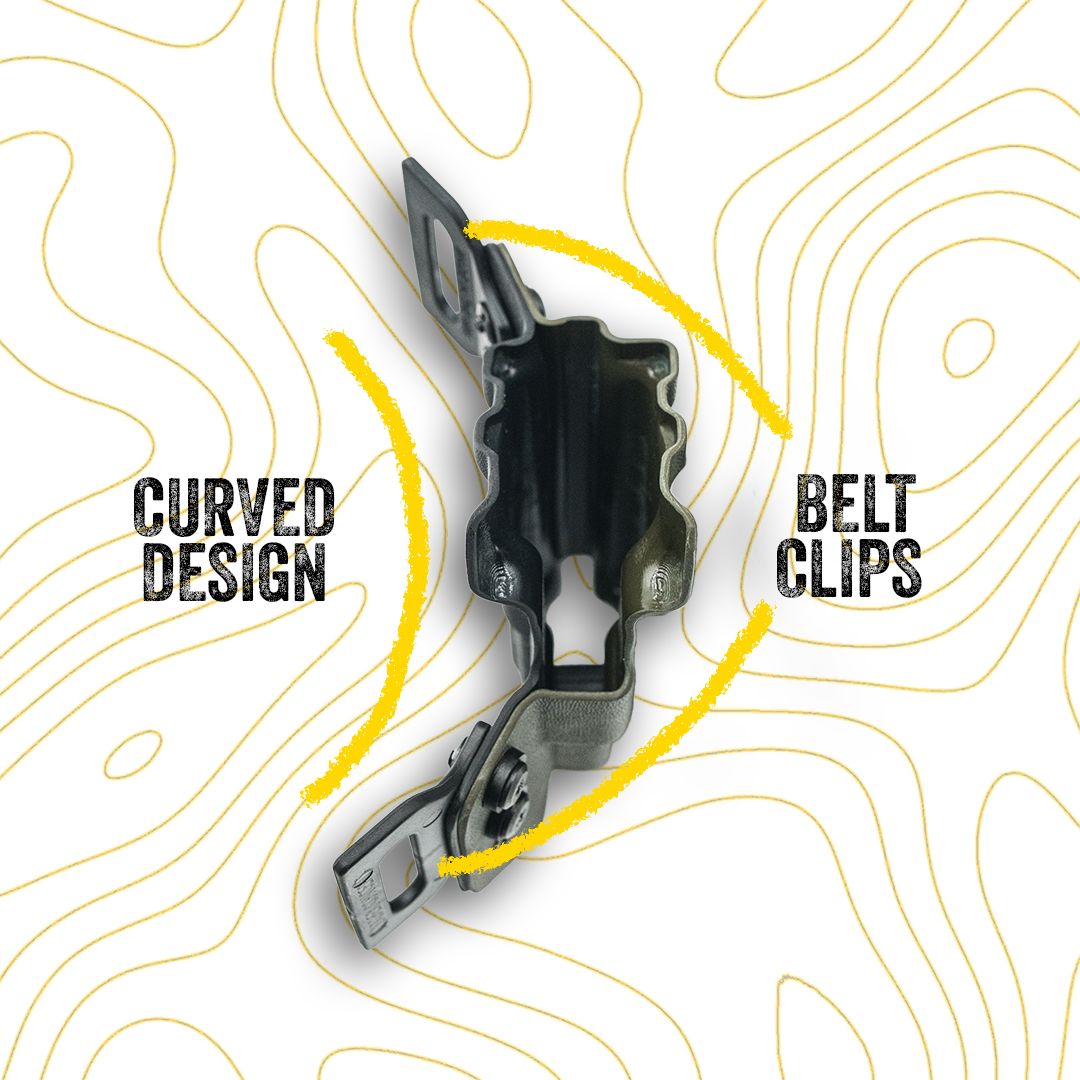 Belt clip with curved design on a white background with yellow lines and text.