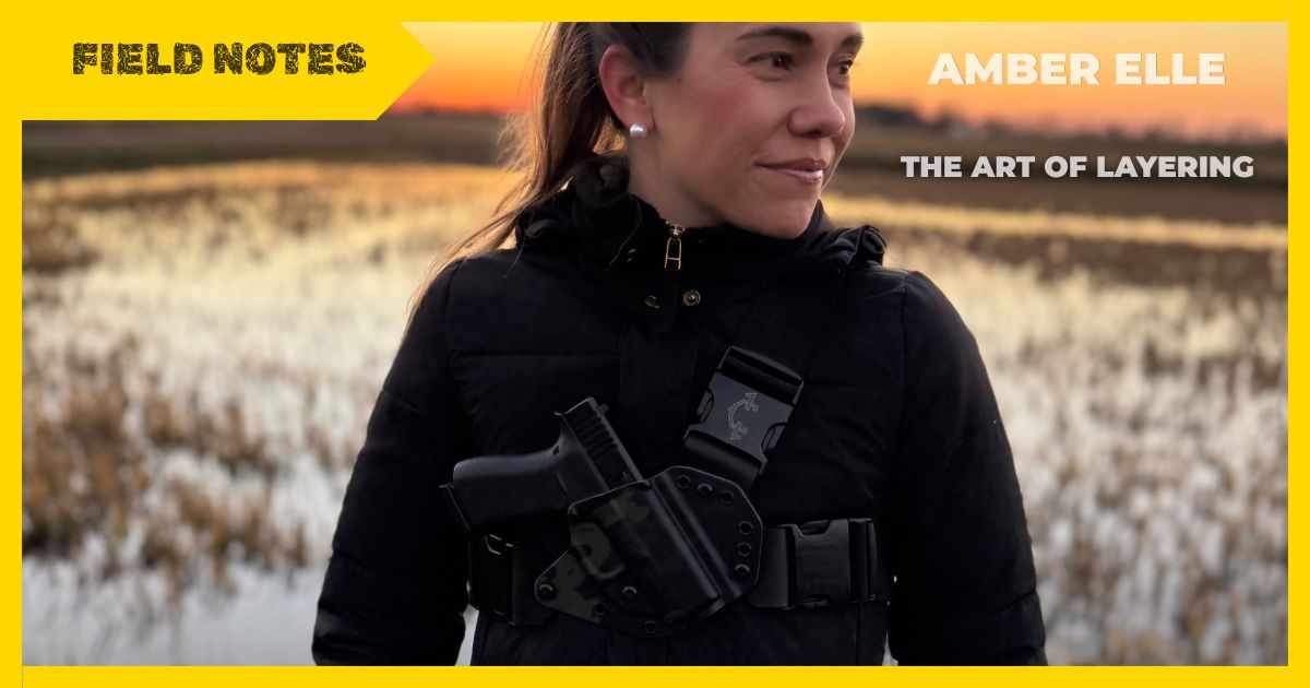 woman wearing recon chest holster near pond outdoors