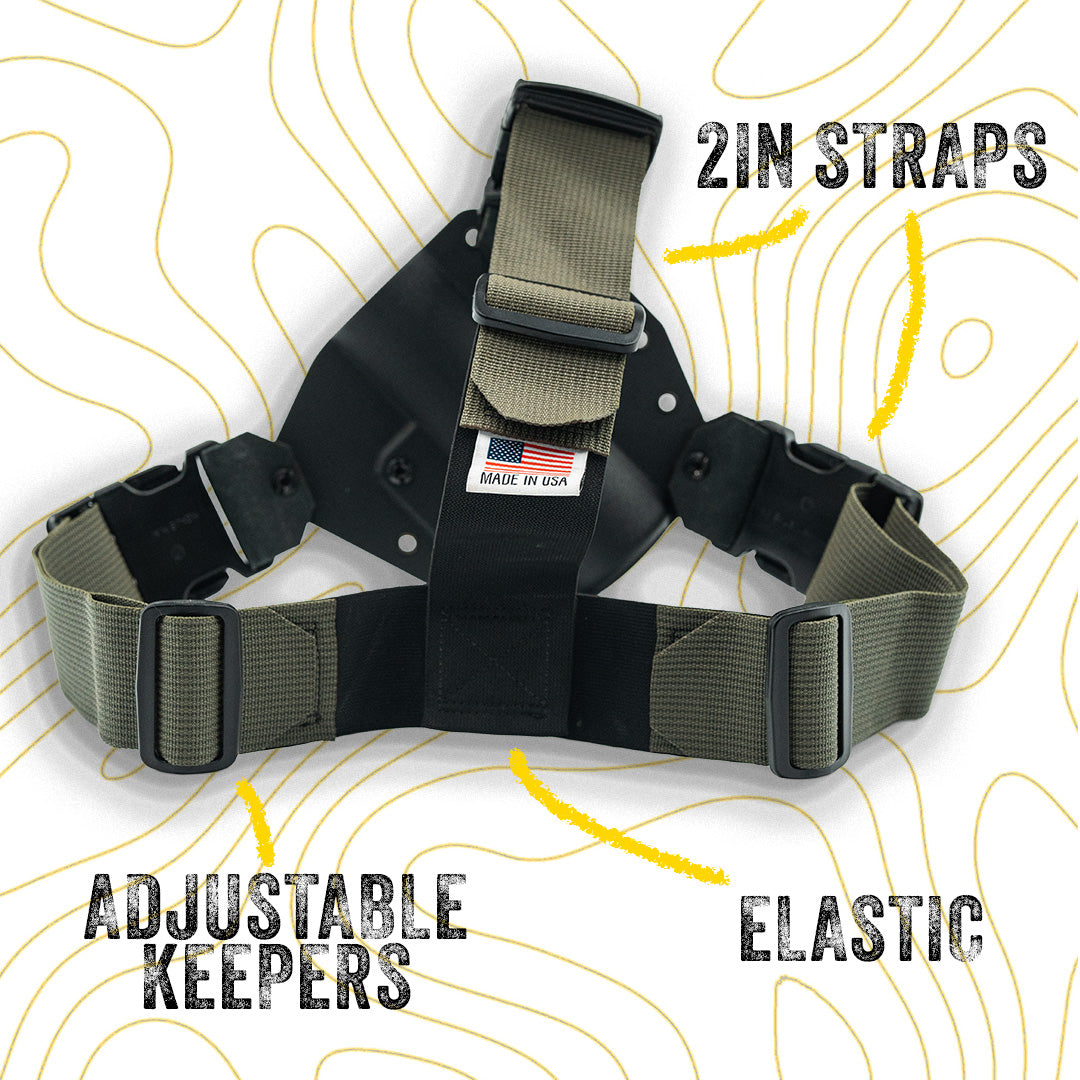 bear spray chest holster with straps, adjustable keepers and elastic band on a white background with yellow accents.