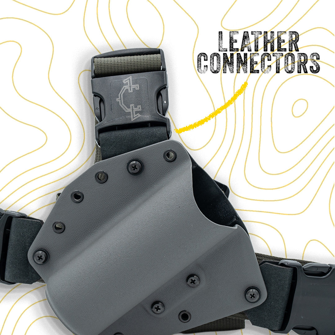 Gray bear spray chest holster with black strap on a white background with 'Leather Connectors' text.