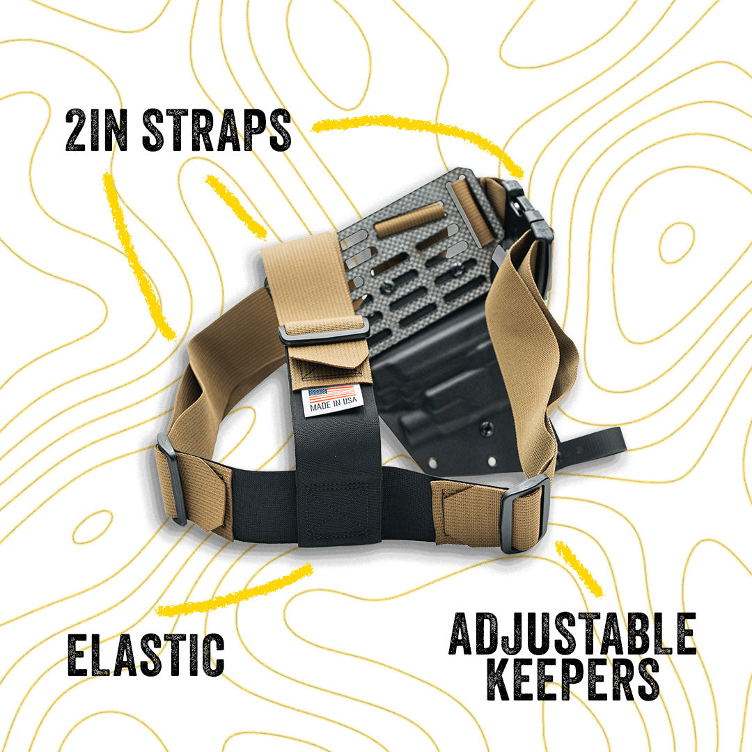 Guide torso holster with light options and tegris panel with straps, elastic band and adjustable keepers on a white background with yellow lines