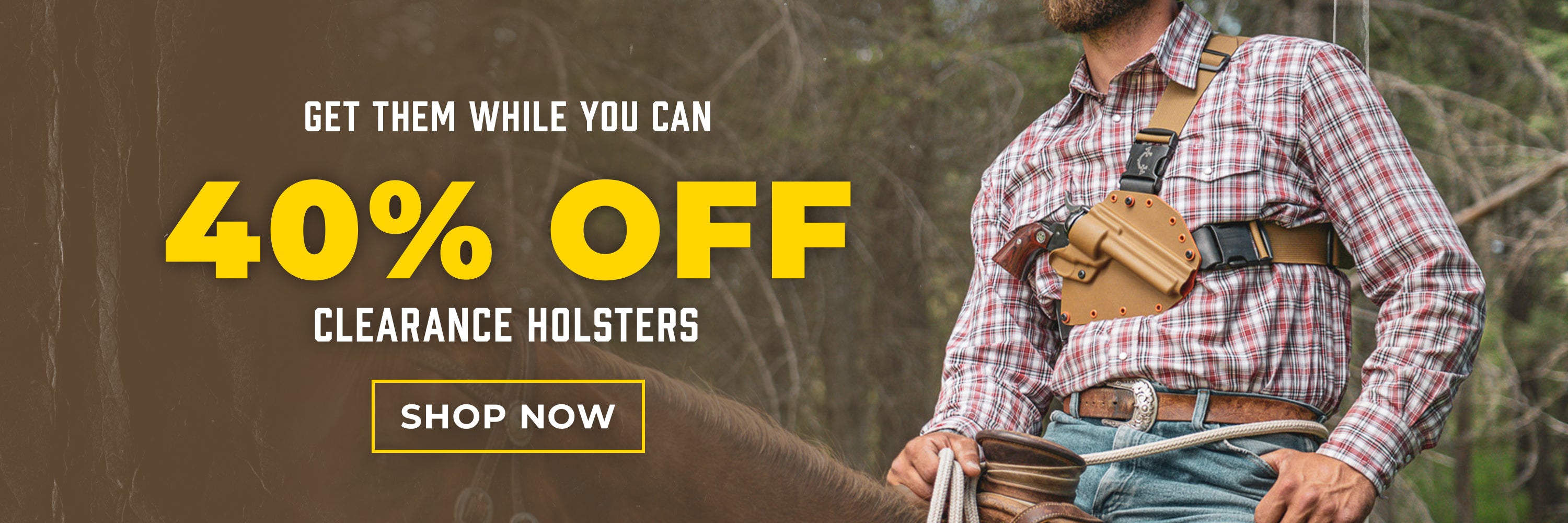 Man wearing a Recon chest holster from Invader Concepts while riding a horse promoting Clearance holsters