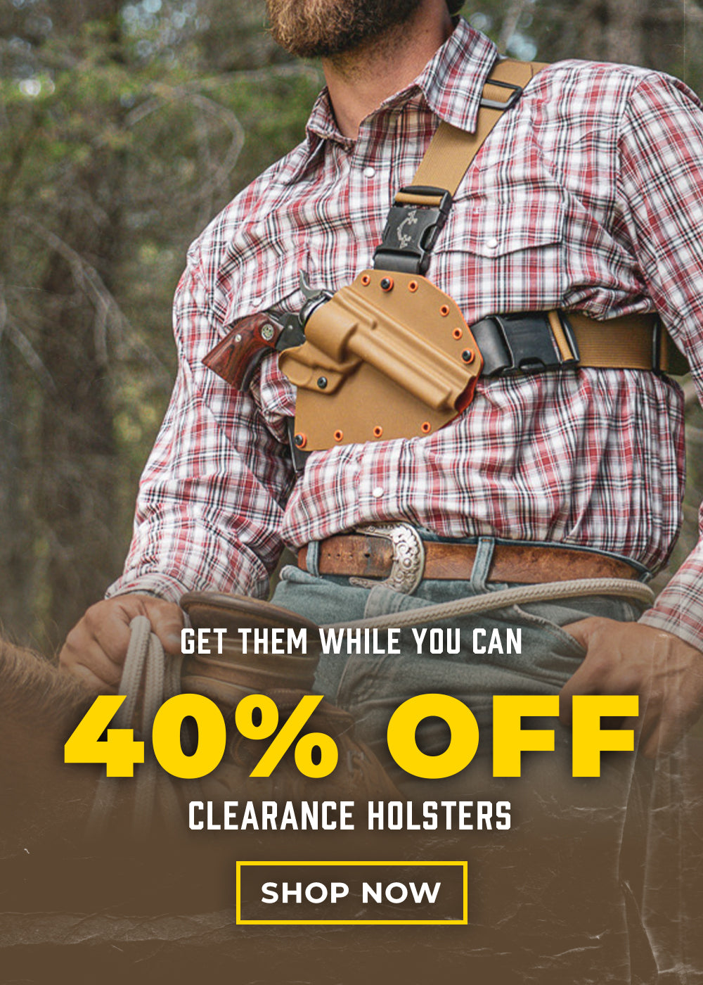 Man wearing a Recon chest holster from Invader Concepts while riding a horse promoting Clearance holsters