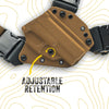 Recon chest holster with adjustable retention system on a white background with yellow line patterns