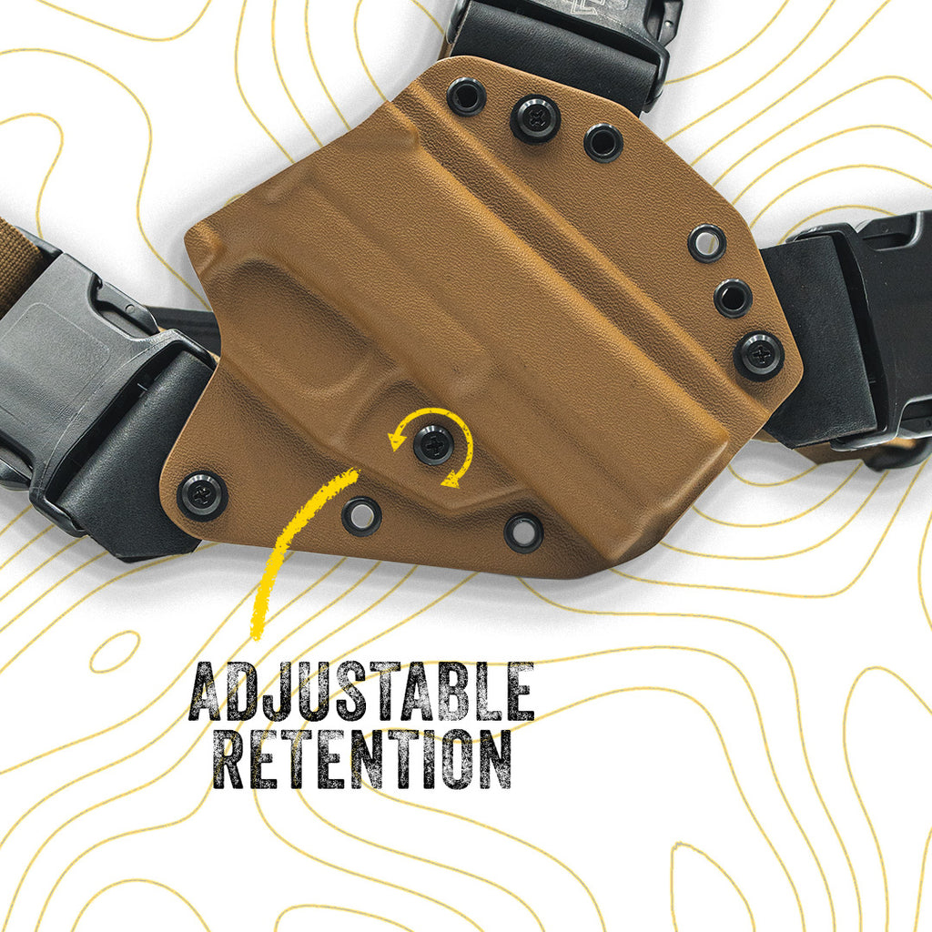 Recon chest holster with adjustable retention system on a white background with yellow line patterns