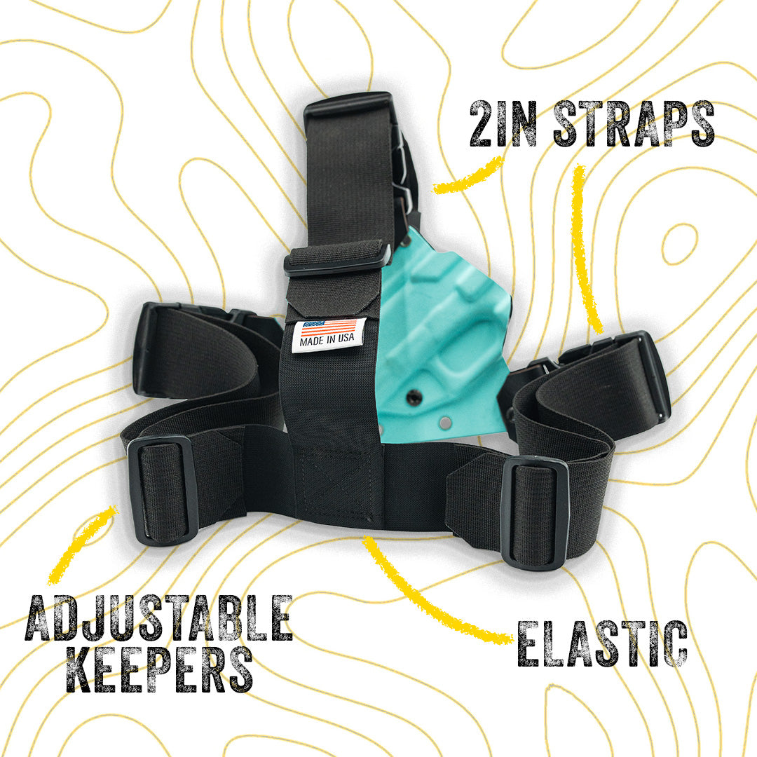 Black ladies recon chest holster with adjustable straps, keepers, and elastic bands on a white background with yellow topo lines.