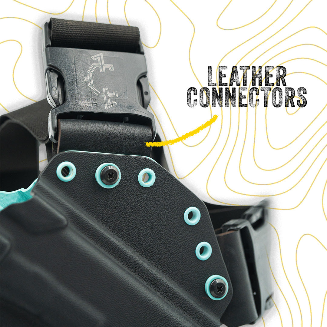 Close-up of ladies recon chest holster with leather connectors with a branded buckle on a white background with yellow topo line art.