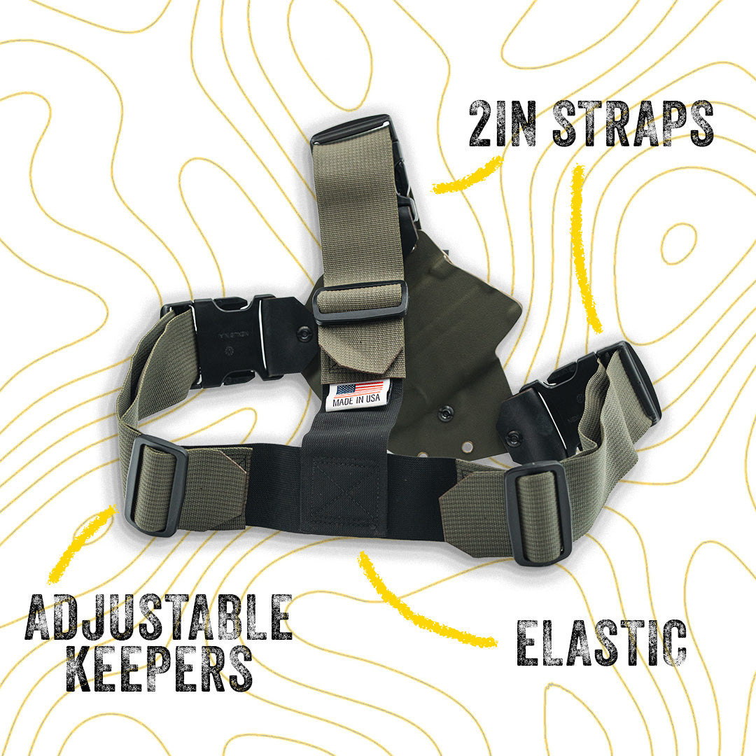 Black and green recon chest holster with light options with straps, adjustable keeps and elastic band on a white background with yellow lines