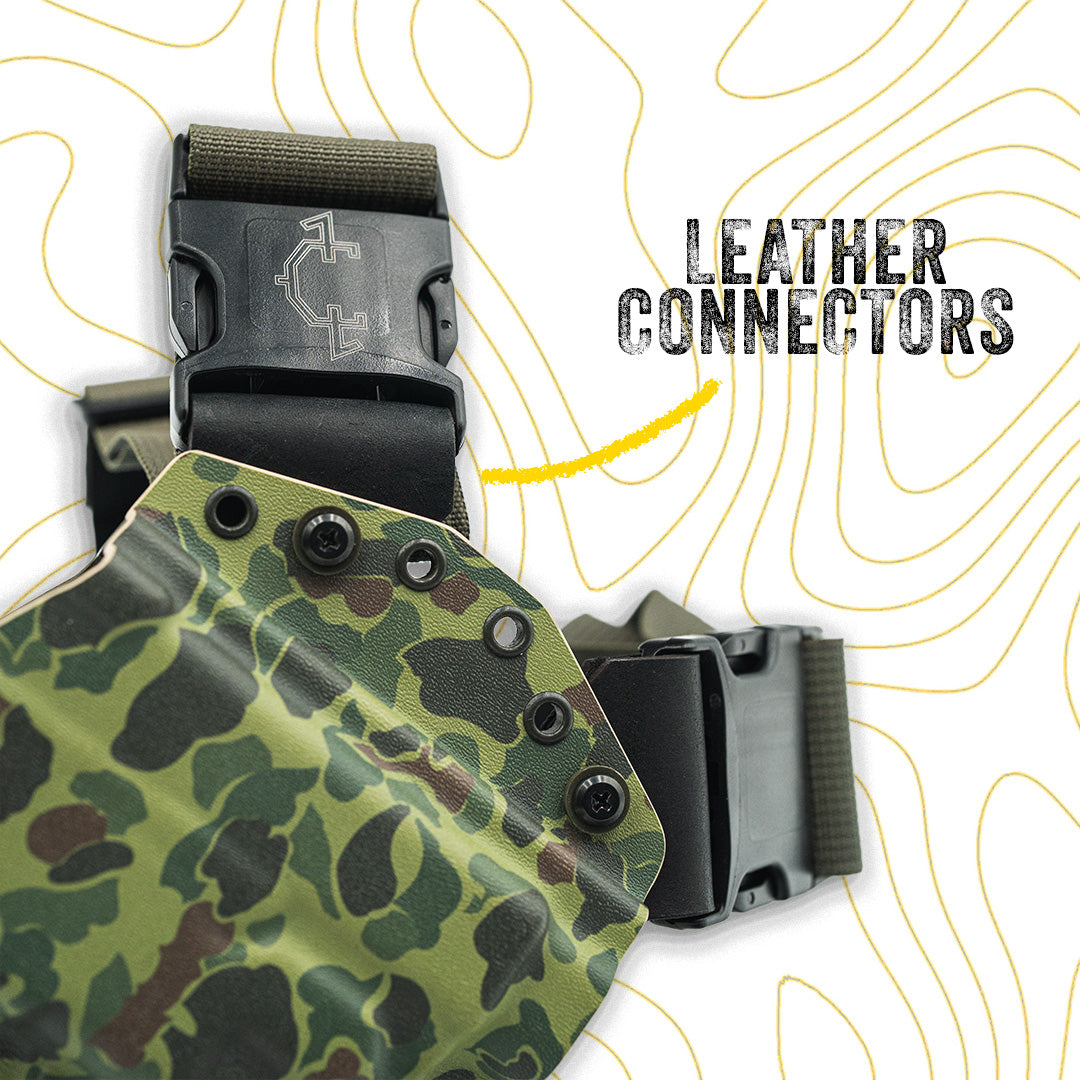 Camouflage recon chest holster with light options and leather connector with black buckle on a white background with yellow line patterns and 'Leather Connectors' text.