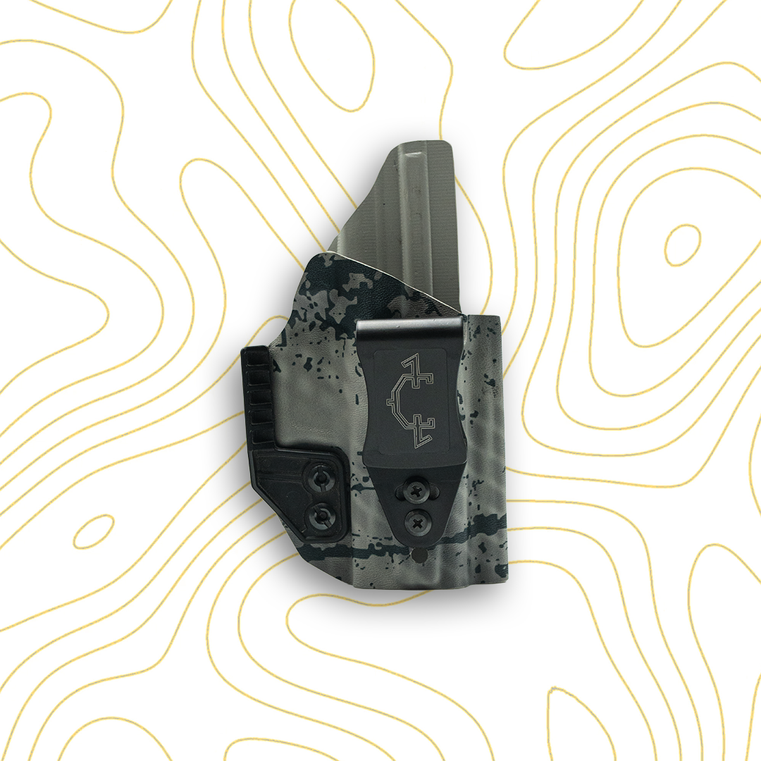 everyday carry inside the wastband holster, on a topo background, the color is bunker.