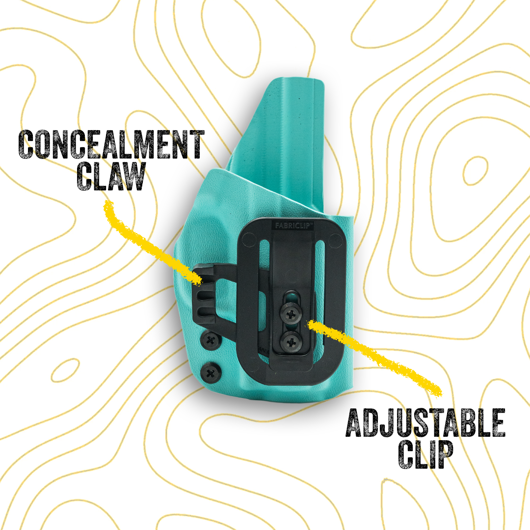 Turquoise holster with adjustable clip on a white background with yellow line art