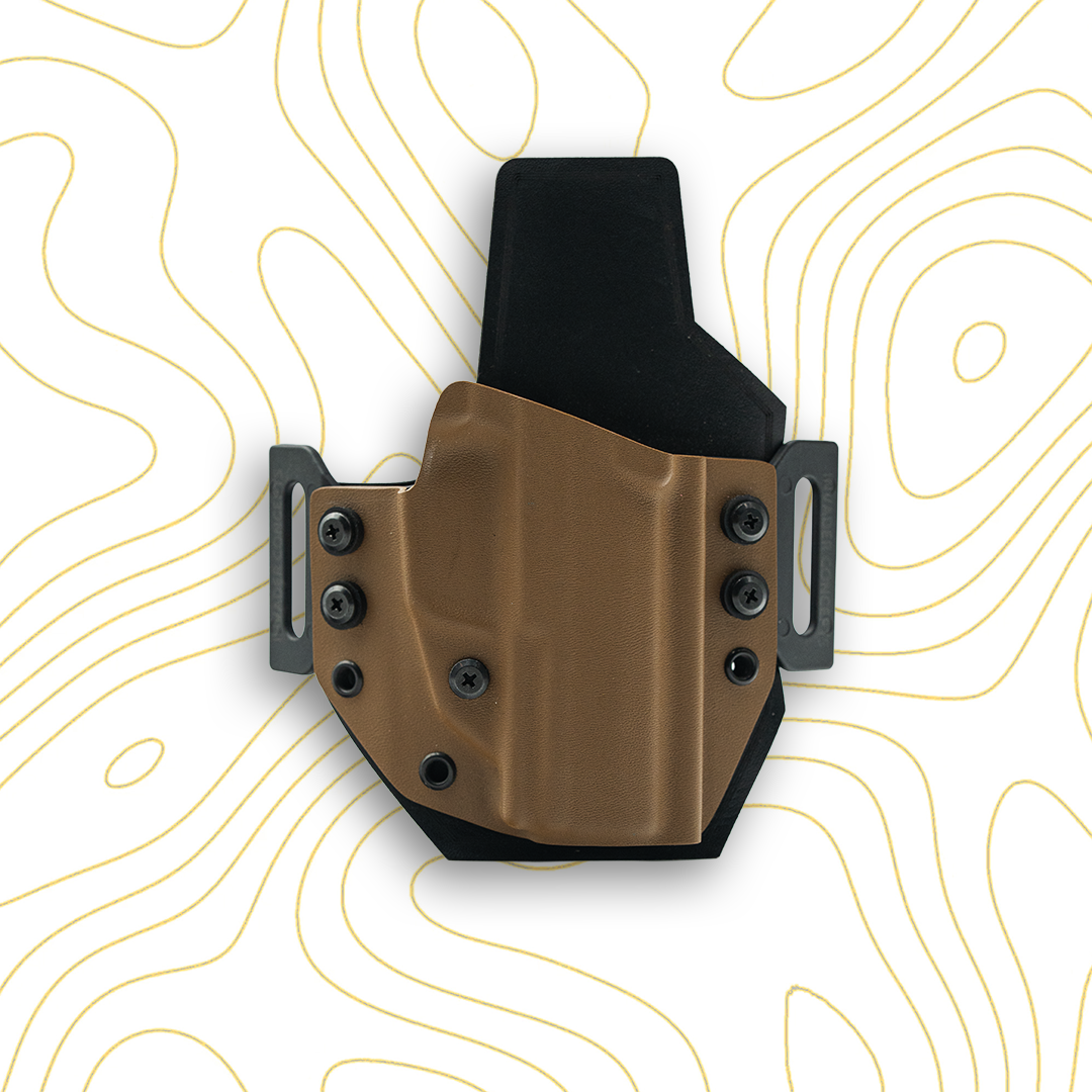 Brown and black Concealed carry holster on a white background with yellow line patterns. 