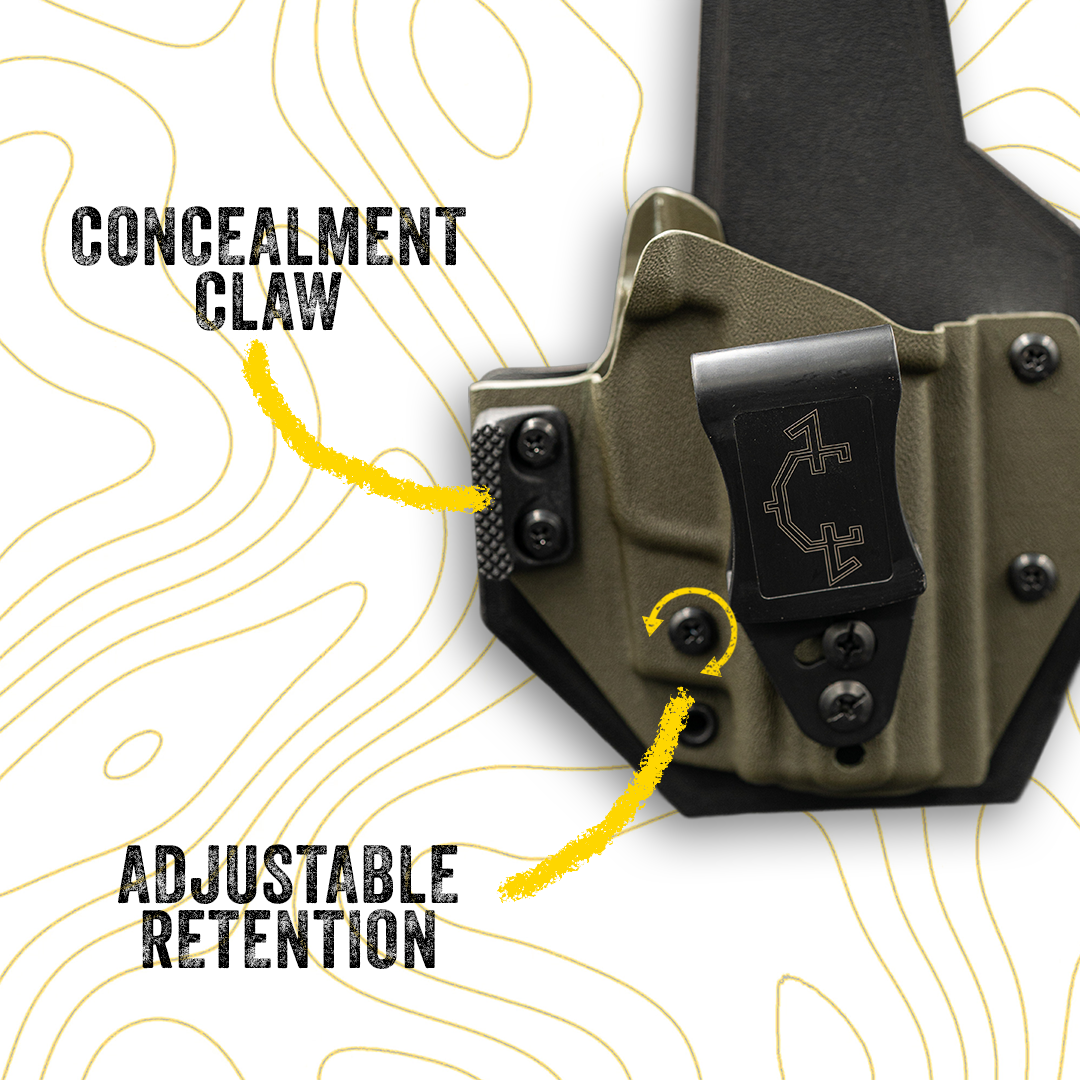 Concealment claw with adjustable retention mechanism. Green and black outlaw IWB(inside the waistband) invader concepts holster with a visible brand logo on a white background with yellow line patterns