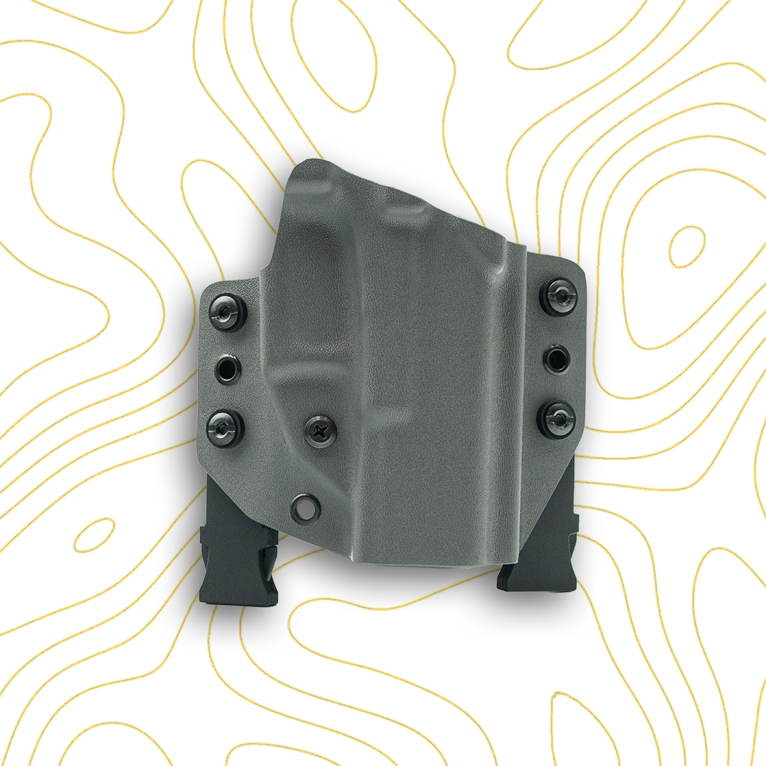 Gray holster with black screws on a white background with yellow line patterns