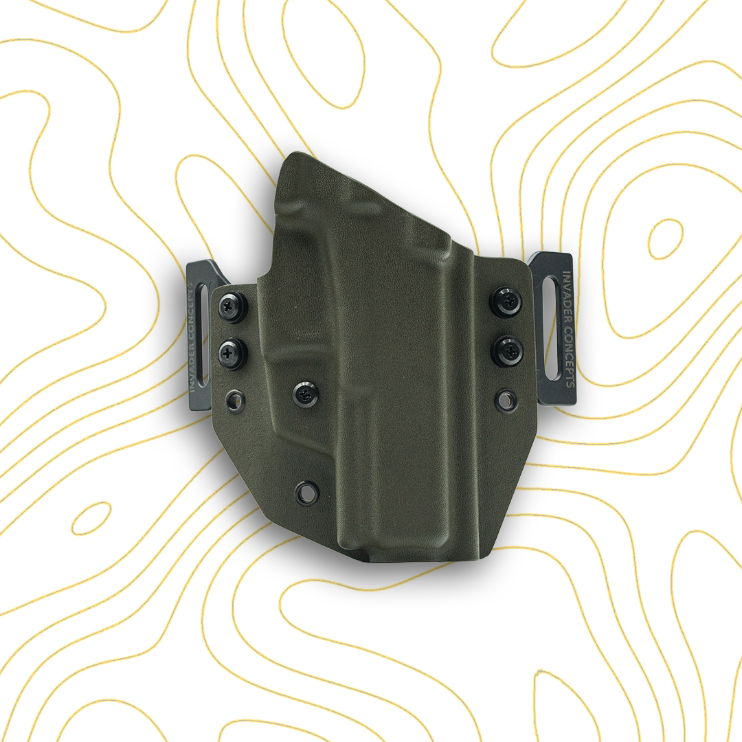 Green holster with black accents on a white background with yellow line patterns