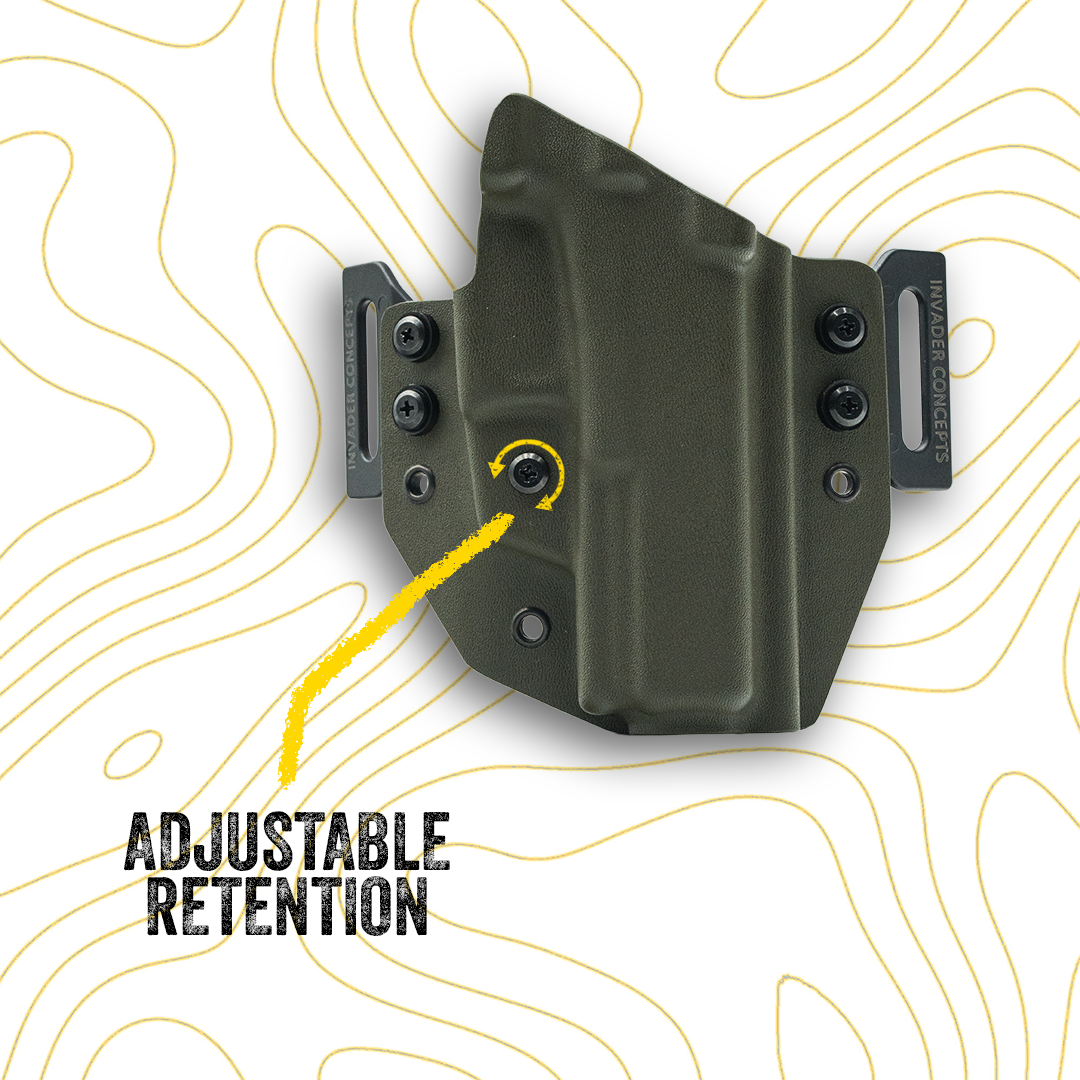 Green holster with adjustable retention feature on a white background with yellow lines
