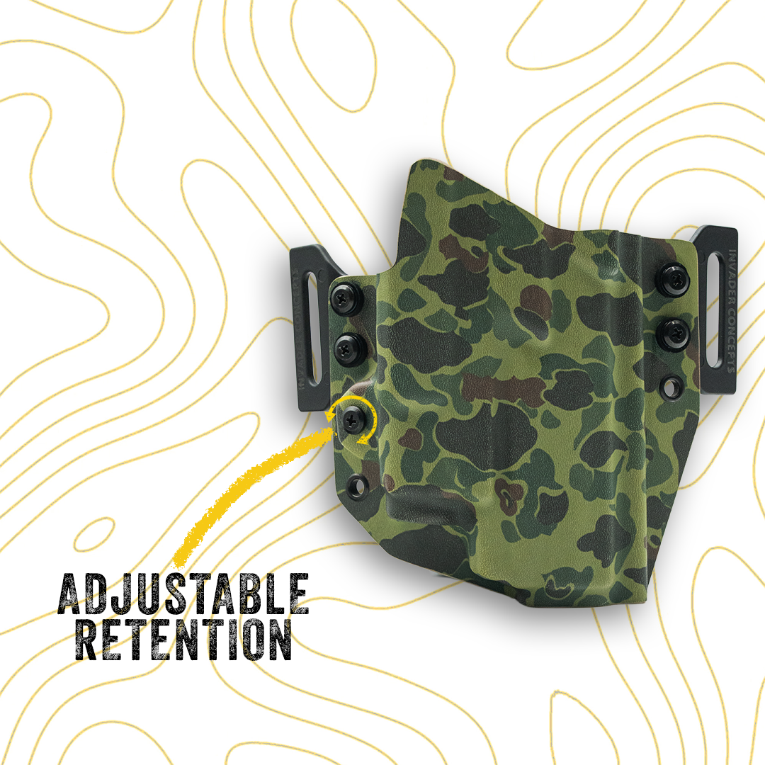 Camouflage holster with adjustable retention mechanism on a white background with yellow line patterns