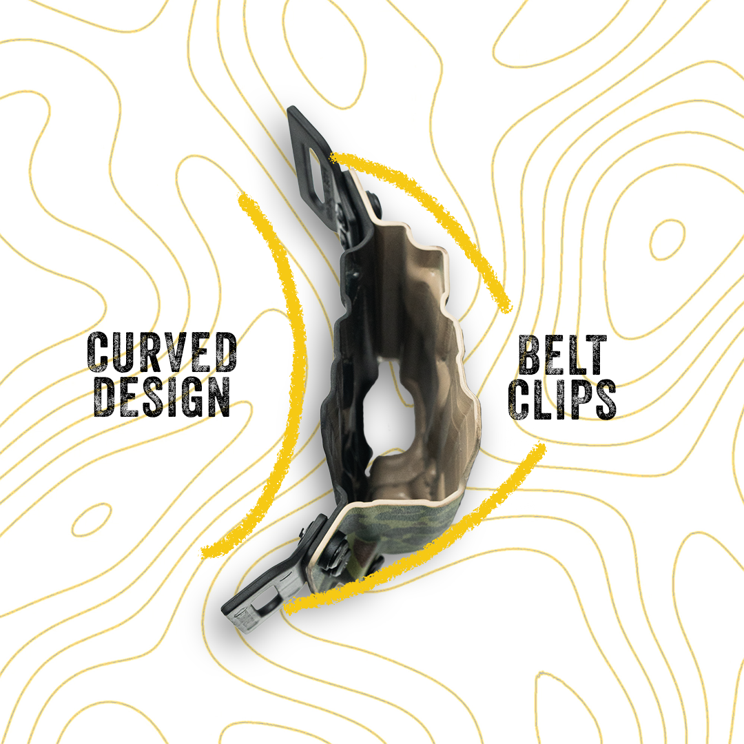 Belt clip with 'Curved Design' and 'Belt Clips' text on a white background with yellow line art.